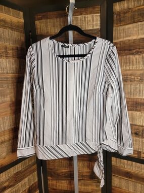 Talbots Black & White Vertical Stripe Tie-Hem Blouse